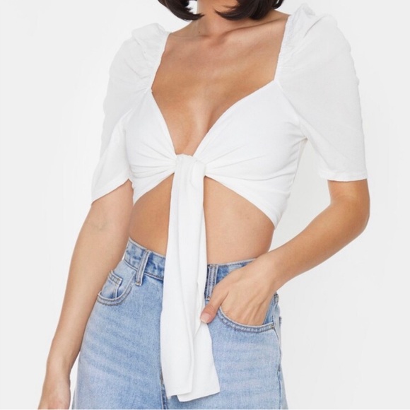 PrettyLittleThing Tops - White Puff Short Sleeve Tie Crop Blouse